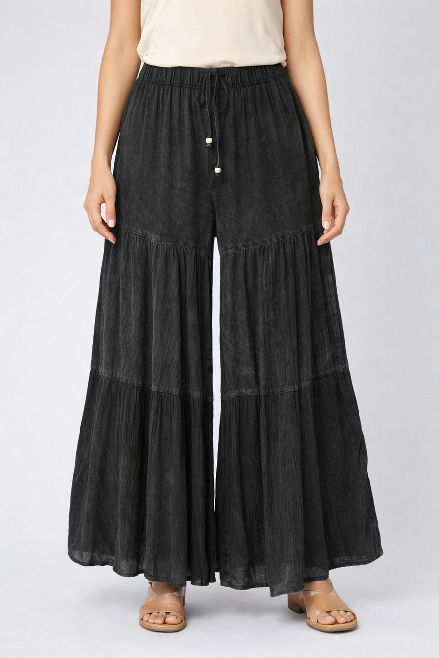 Young Threads Mineral Wash Tiered Wide-Leg Palazzo Boho Pants Small